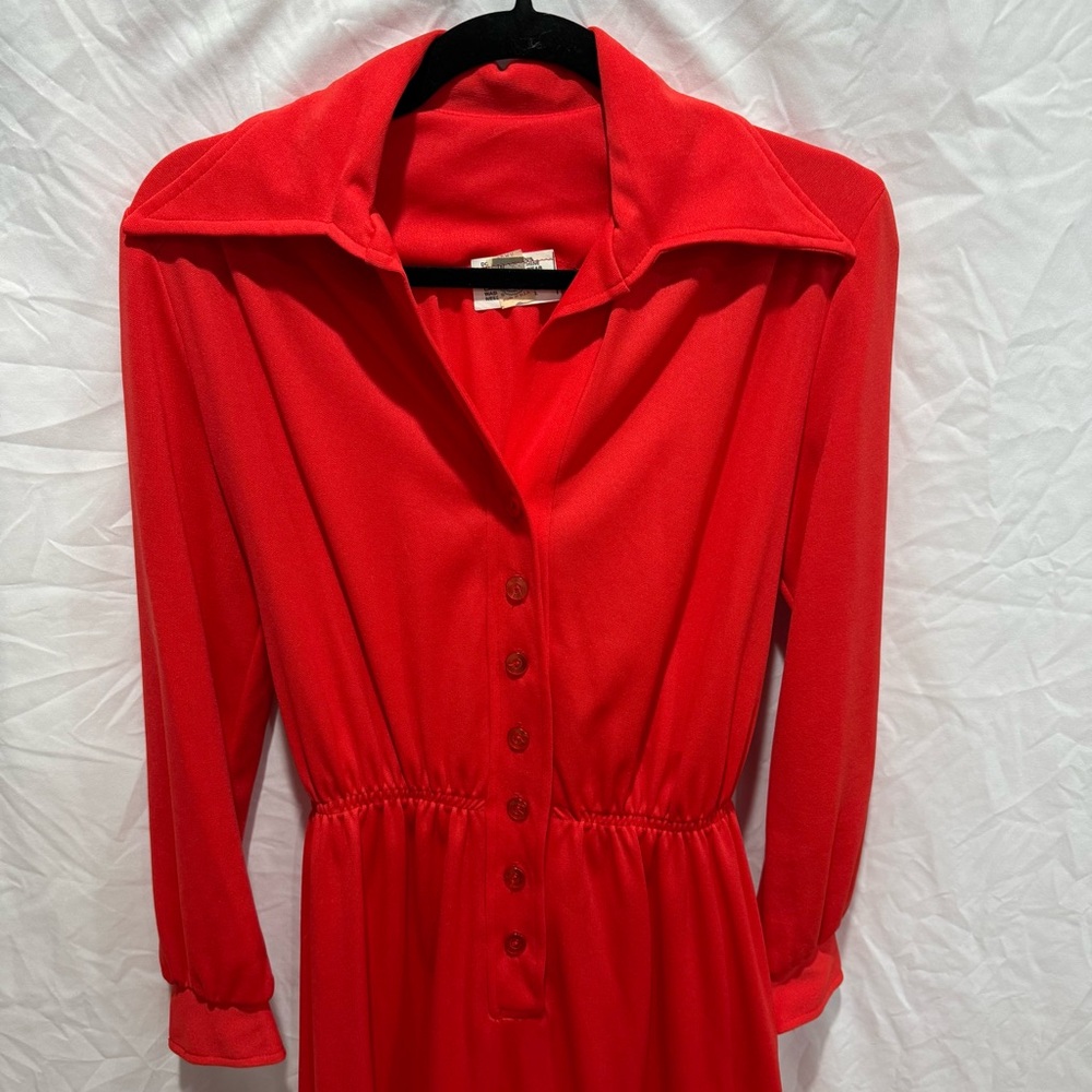 Vintage Red Long Sleeve Button Front Maxi Collared Dress 14 Made in USA Pinup - Picture 3 of 13